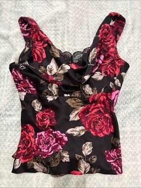 I.C.E Floral Cowl Neck Women's Tank Top Rhinestones 100% Silk